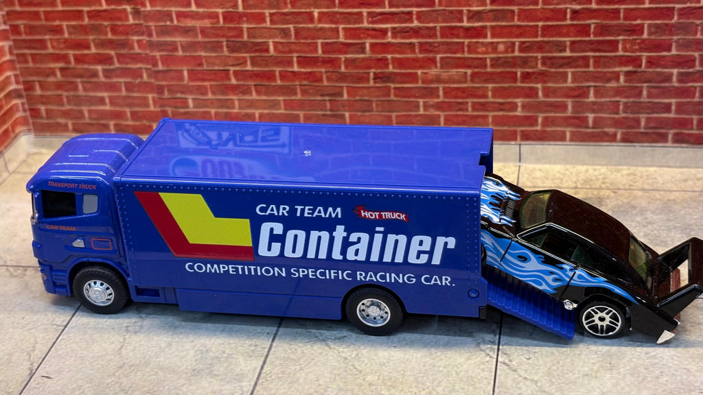 1:64 "Car Team" Racing Container Set – Blue Truck & Black Flame Muscle Car