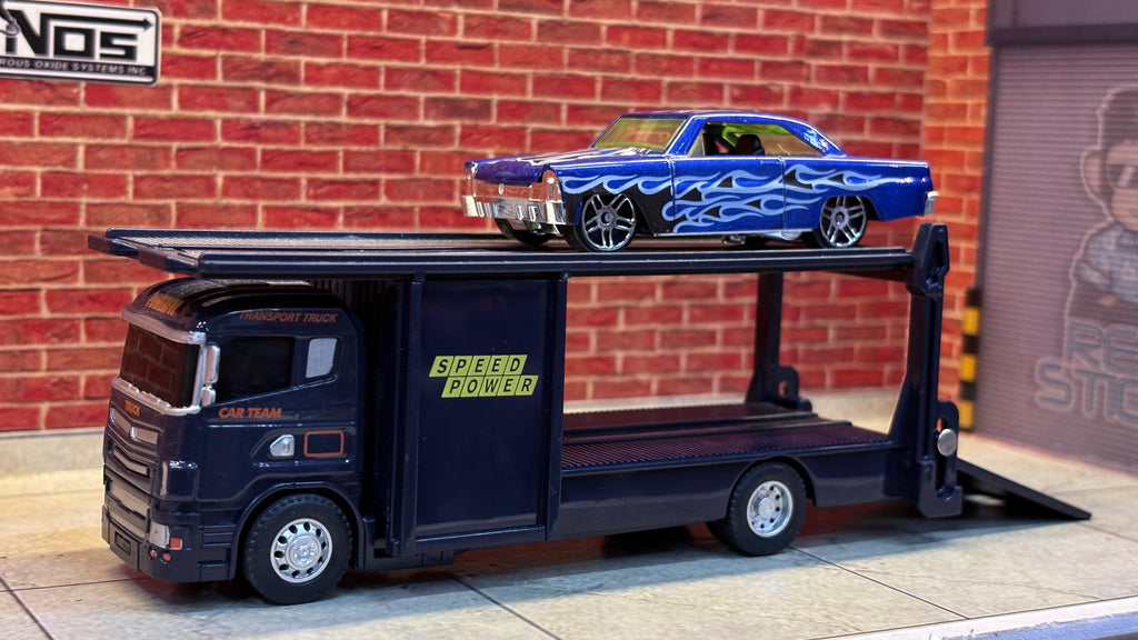 1:64 Diecast Transport Set – Navy & Blue Flames
