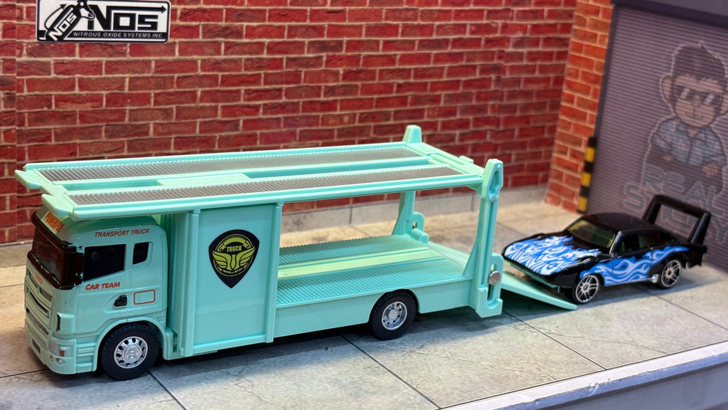 1:64 "Car Team" Transport Set – Seafoam Green Truck & Blue Flame Racer