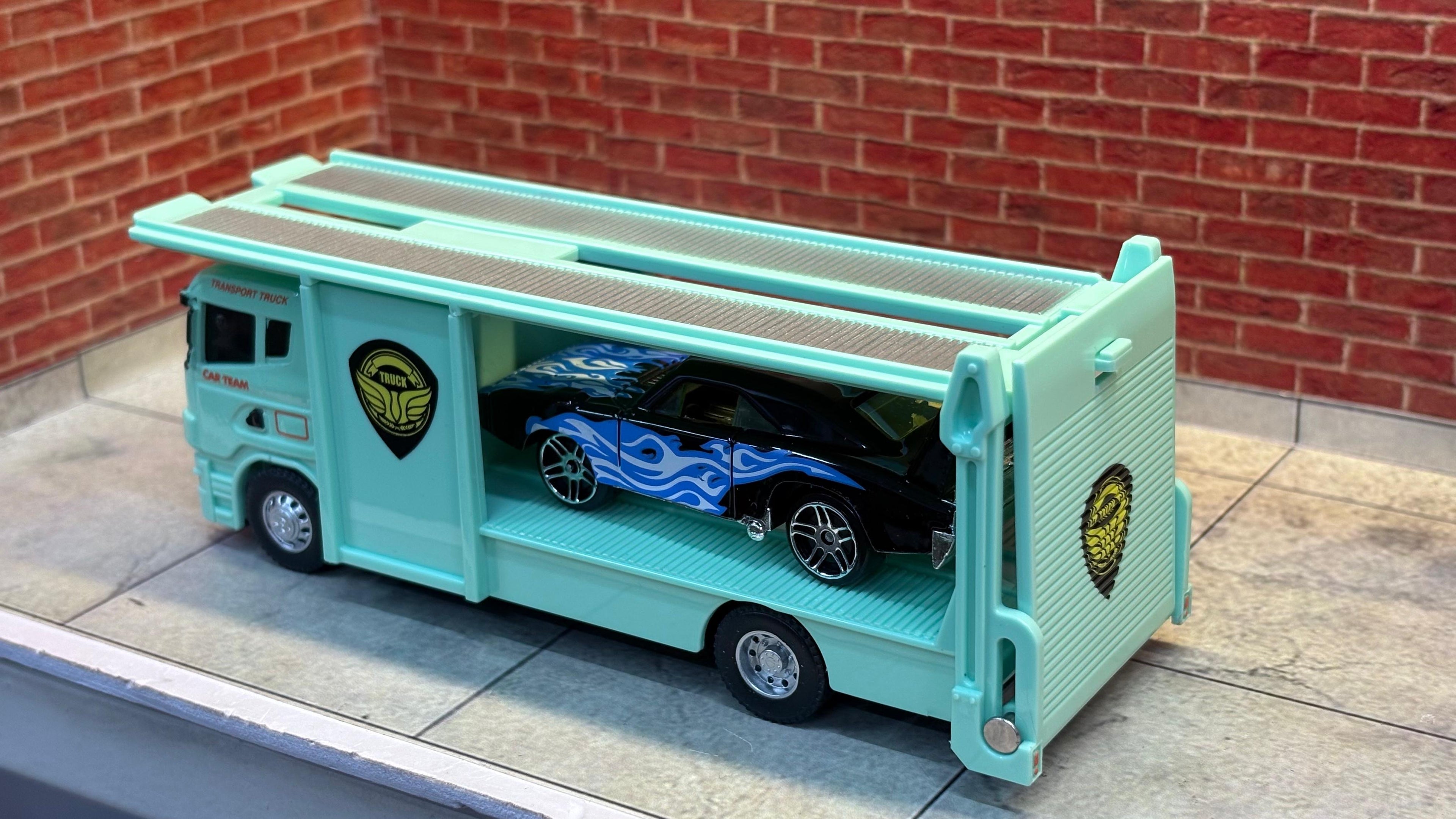 1:64 "Car Team" Transport Set – Seafoam Green Truck & Blue Flame Racer