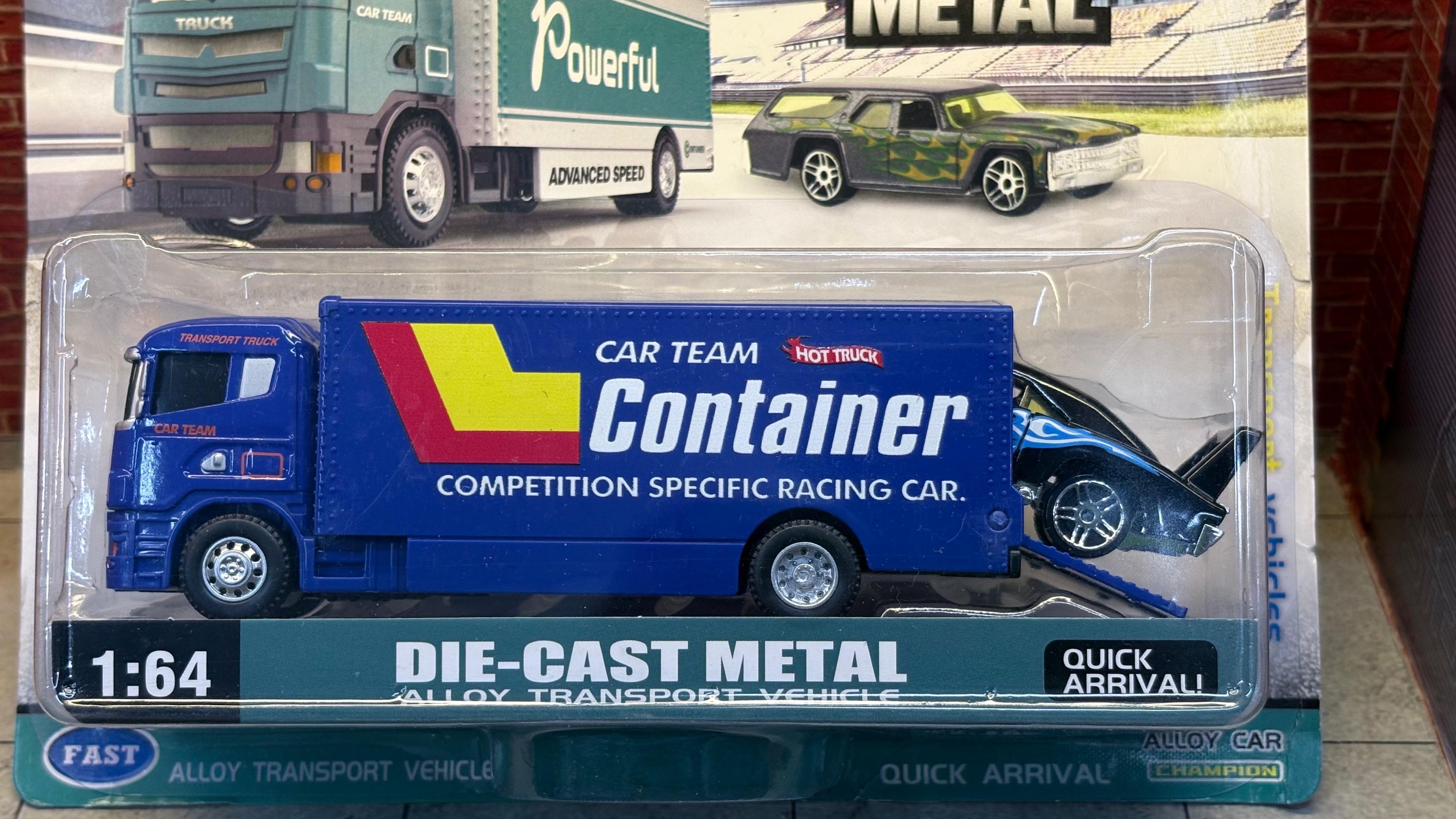 1:64 "Car Team" Racing Container Set – Blue Truck & Black Flame Muscle Car
